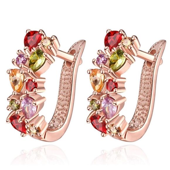 14K Rose Gold with Multicolored Cubic Zirconia French Clip Post Flower Earrings